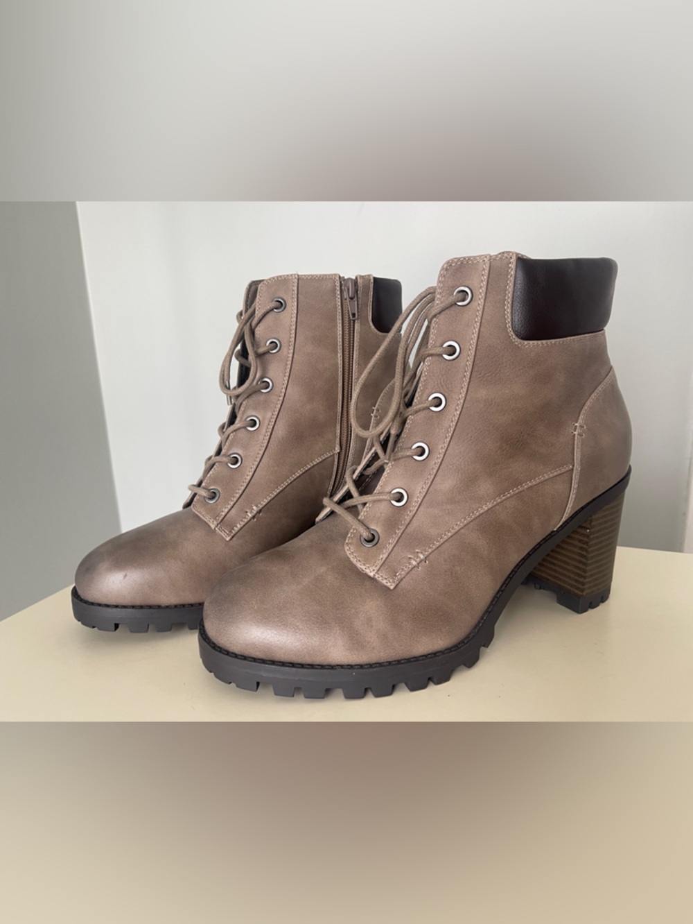 Taupe Lace-Up Chunky Heel Booties